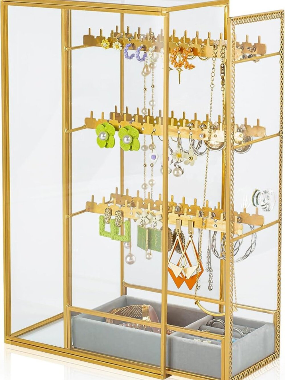 Elegant Glass Earring Organizer with Hanging Hook - Jewelry Display Box for